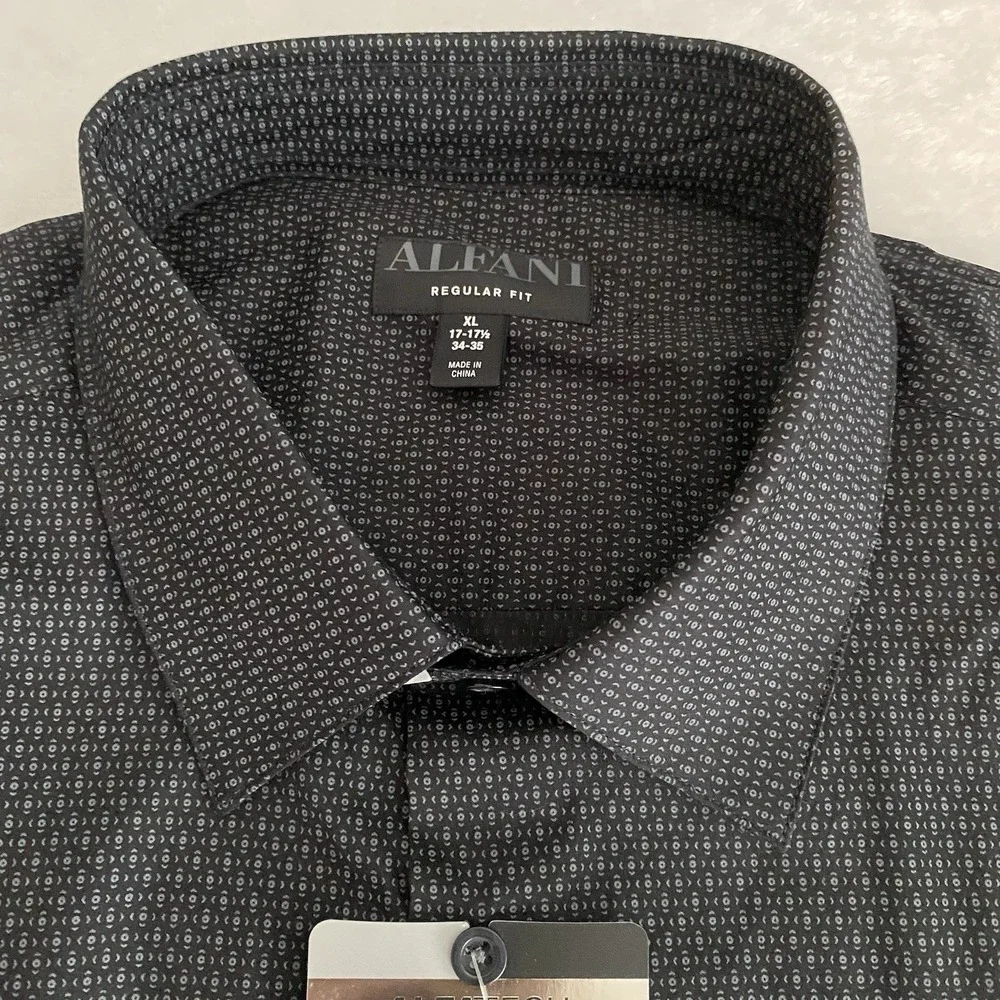 ALFANI Dress Shirt Mens 17-17.5/34-35 Black Geometric Regular Fit Stretch NWT!